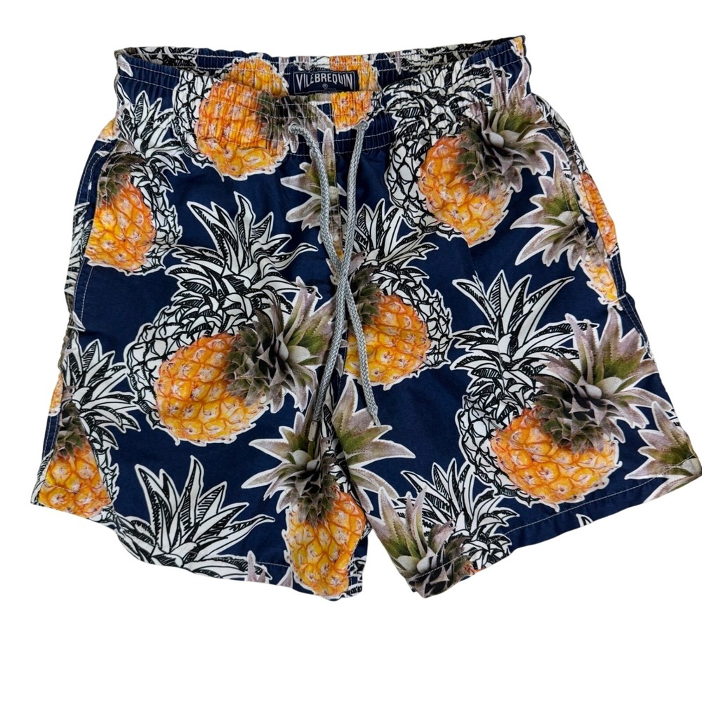 Vilebrequin Swim Trunks Mens Small Navy Blue Pineapple Print Moorea Board Shorts